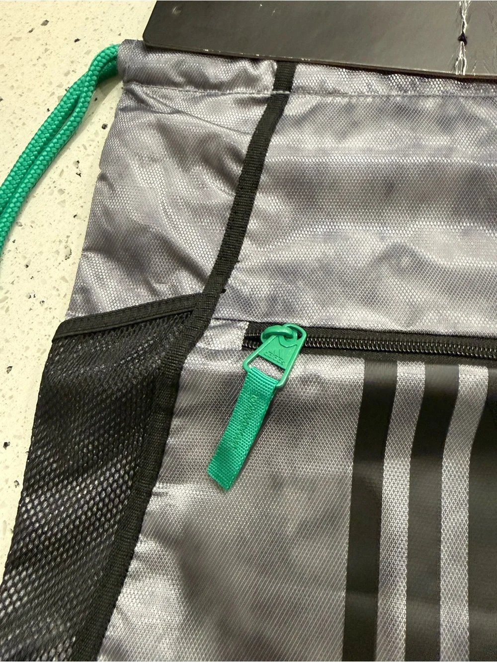 New mens womens adidas Gray and Teal Drawstring Backpack with Front Zip Pocket